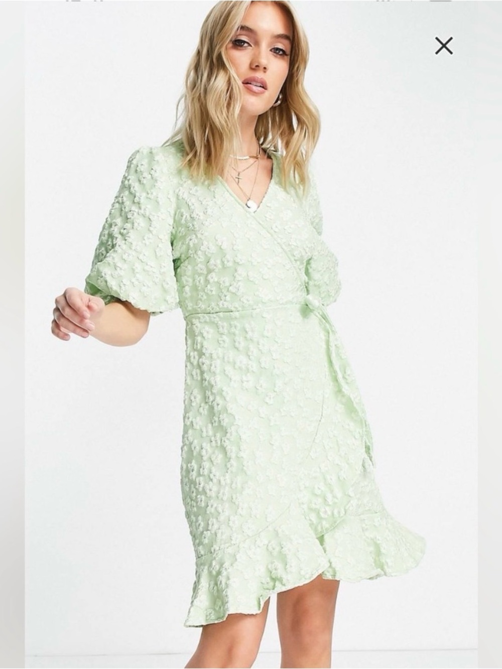 Textured Light Green Wrap Midi Dress with Ruffle Hem